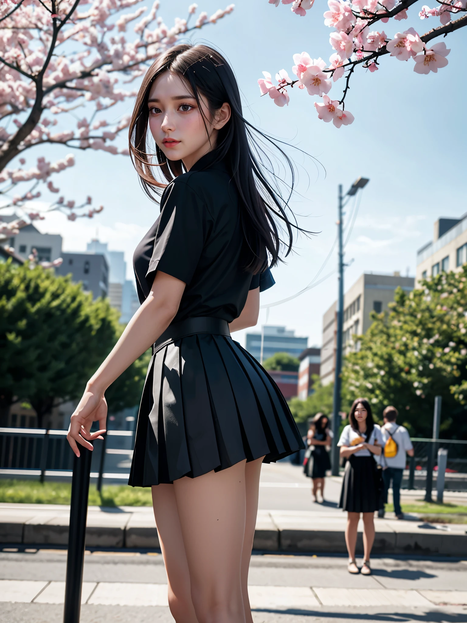 1girl, black skirt, branch, building, chain-link fence, cherry blossoms, fence, long hair, outdoors, petals, pleated skirt, rain, shirt, short sleeves, skirt, solo, standing, tree,
sky,street,Raw, cinematic shot, (sharp focus:1.5), (photorealistic:1.4), twilight lighting, volumetric lighting, ultra high res, 16K,dramatic lighting,