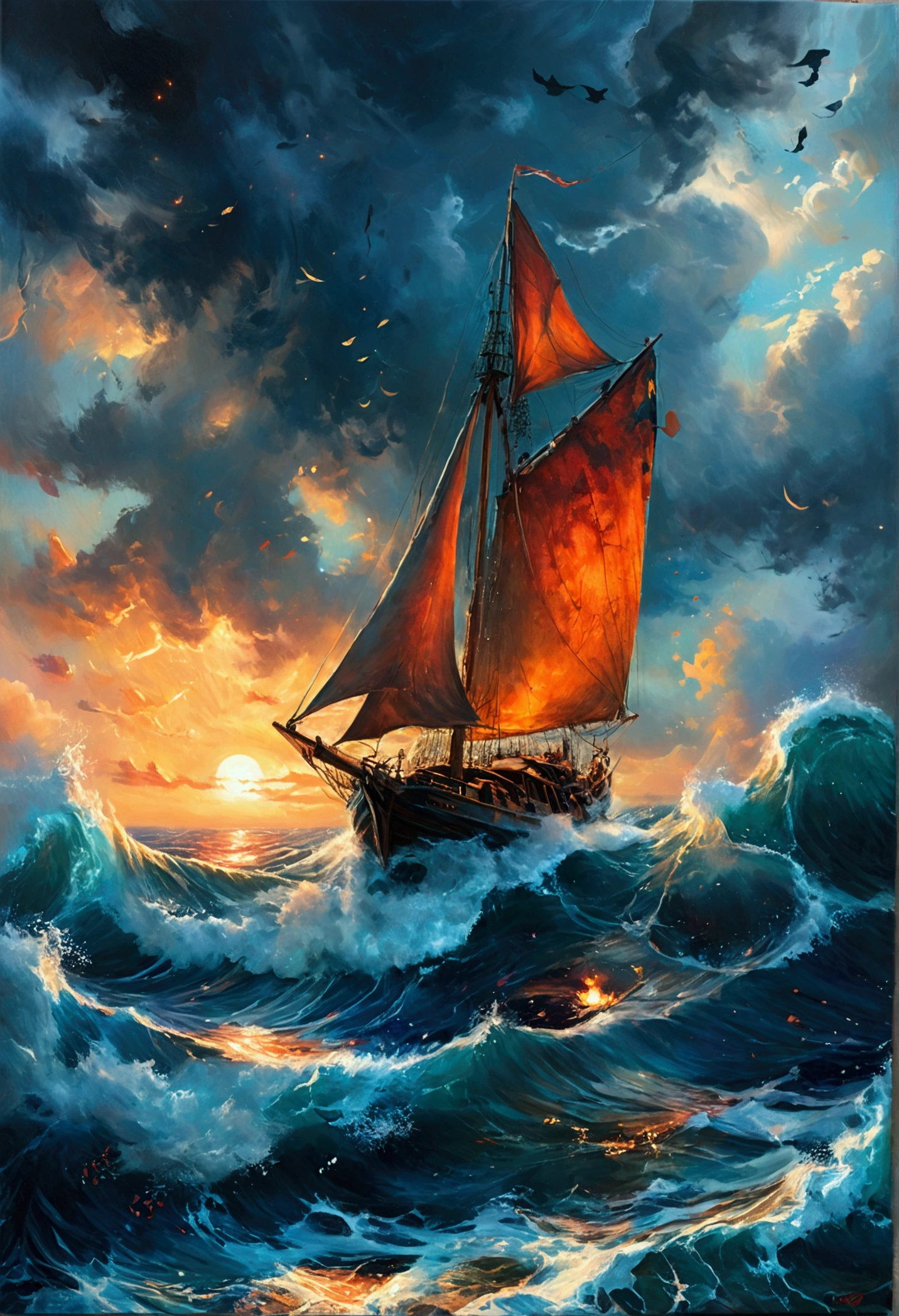 live-action、Landscape painting,acrylic painting,Brush strokes,Unparalleled realism,Ultra Wide,Ominous sky,sailboat,Wooden boat,Big Ship、Lotus,Giant Wave,Starry Night,Harry potter,Volumetric lighting,Clearing,Realistic,James Gurney,Art Station,4K、 Ultra-high resolution,masterpiece
