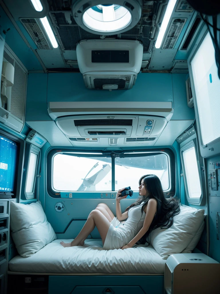 arafed woman On the space station with a camera, In a futuristic spaceship, On the space station, In spaceships, On the spacecraft, On the space station上, Fantastic cyberpunk girl, Mixed style beeple, In a crashed spaceship, In the city of the future, Girl in Space, Low-key cyberpunk style, Movie. Leng Jun, spacecraft living capsule, intricate interior render, turquoise and cream color pallete, detailed high-tech furniture, organic fresh plants around, on he wall we can see a ductless air conditioner with a clear "Mitsubishi electric" logo on it, one man and one woman just take off their astronaut outfit, sitting and drinking cocktail, chill atmosphere --style raw