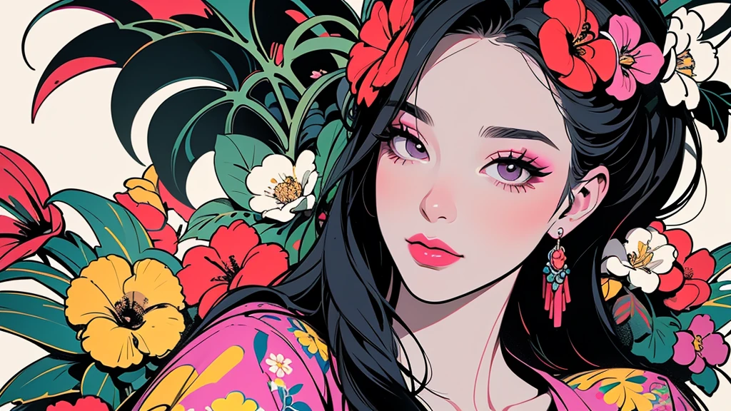 Create a pop art style digital artwork, Bold makeup and colorful fashion、Featuring vibrant and confident women, Cinematic color scheme, Surrounded by vintage floral patterns, Powerful brushwork,The atmosphere should be dynamic., Upper Body, drawing, figure, grayscale, tropical, Adubon fruit, Adubon Plants, Lots of flowers, vector, oil, Asian Girl, black eye