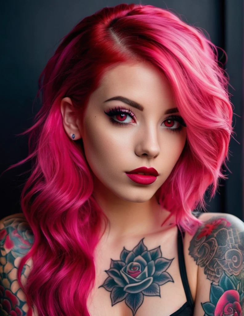 very attractive 25 year old female with long bright pink hair,  The image features a woman with a dark, intricate tattoo on her face, red lips, and red eyes.