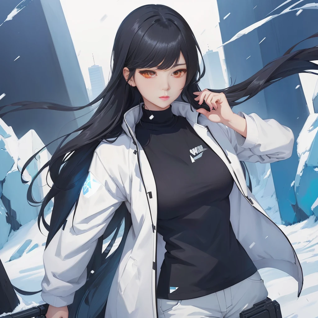 anime girl with long black hair and white jacket walking in the snow, anime moe art style, soft anime cg art, artgerm and atey ghailan, from Girls' Frontline, Girls' Frontline universe, Girls' Frontline style, Girls' Frontline cg, 4K anime-style, official character art, cyberpunk anime girl in hoodie, I'm going to make fanart too, fine-details. Girls' Frontline