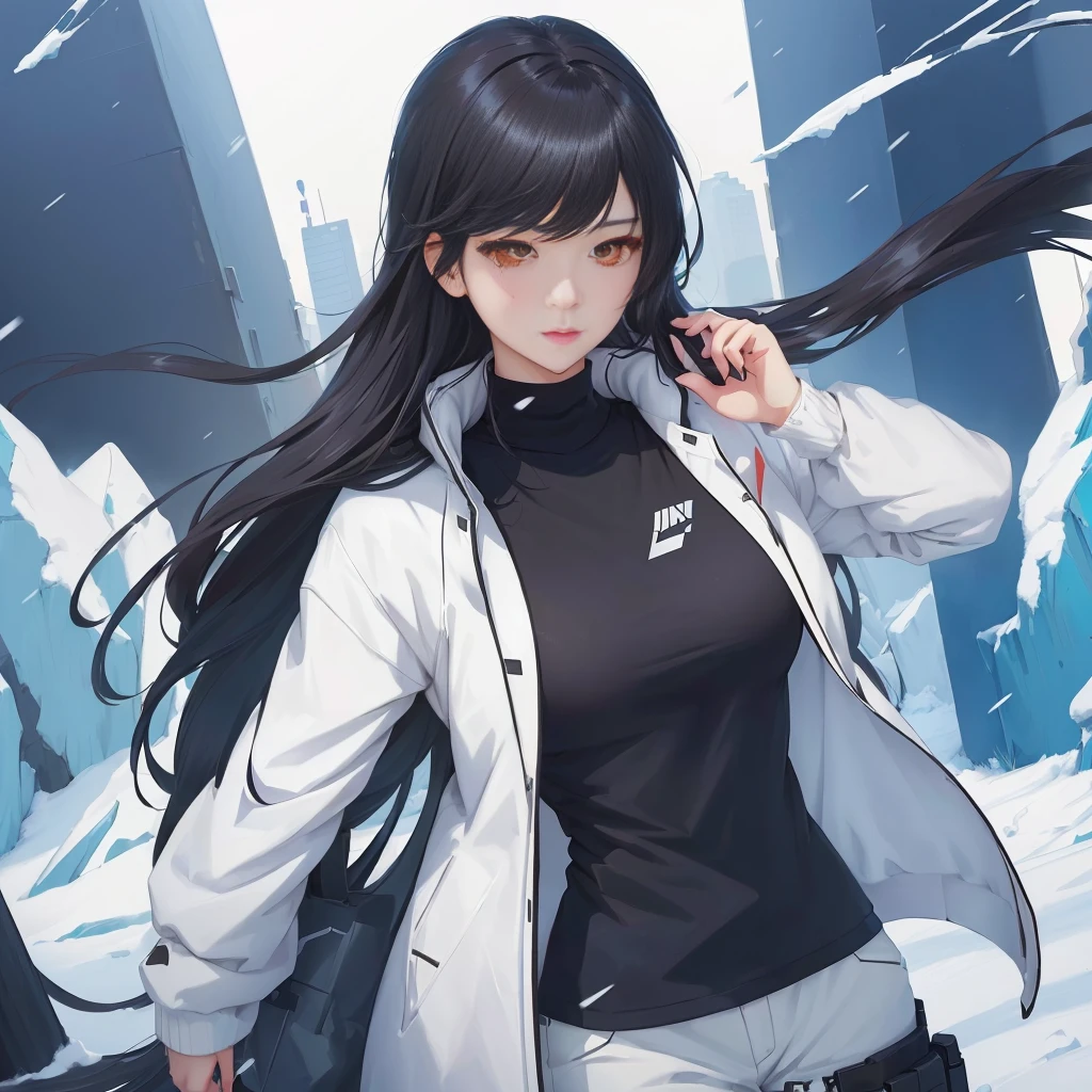 anime girl with long black hair and white jacket walking in the snow, anime moe art style, soft anime cg art, artgerm and atey ghailan, from Girls' Frontline, Girls' Frontline universe, Girls' Frontline style, Girls' Frontline cg, 4K anime-style, official character art, cyberpunk anime girl in hoodie, I'm going to make fanart too, fine-details. Girls' Frontline