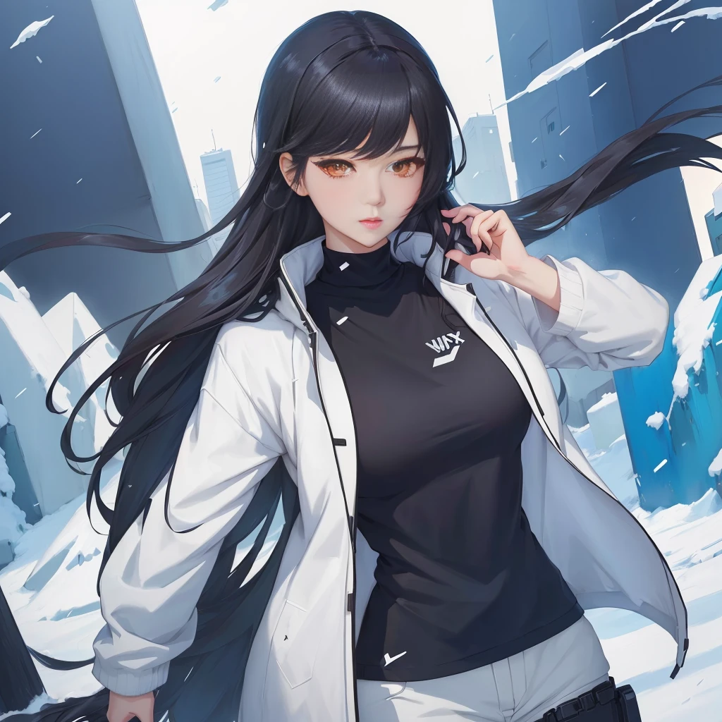 anime girl with long black hair and white jacket walking in the snow, anime moe art style, soft anime cg art, artgerm and atey ghailan, from Girls' Frontline, Girls' Frontline universe, Girls' Frontline style, Girls' Frontline cg, 4K anime-style, official character art, cyberpunk anime girl in hoodie, I'm going to make fanart too, fine-details. Girls' Frontline