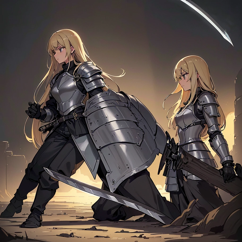 (((Solo)))、Best illustrations、Best Quality、(Full body character concept、detailed)、(((Simple grey armor、Black trousers、Black gloves、woman、18-year-old、Blonde、Long Hair)))、(((Grab the sword、Get Ready)))、(From below)、(Old ruins、desert)、Fall to the floor、(Black, muddy swamp)、(From the side、profile)