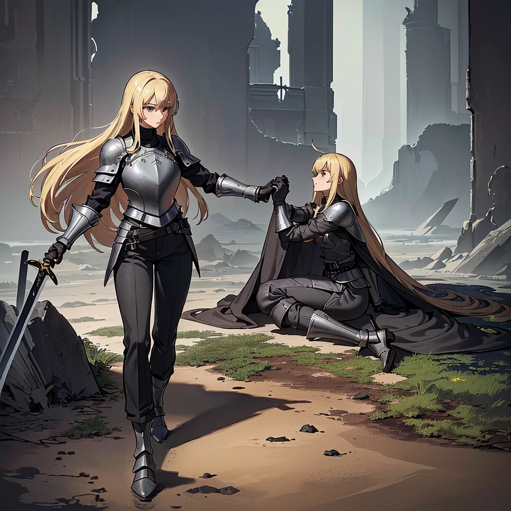 (((Solo)))、Best illustrations、Best Quality、(Full body character concept、detailed)、(((Simple grey armor、Black trousers、Black gloves、woman、18-year-old、Blonde、Long Hair)))、(((Grab the sword、Get Ready)))、(From below)、(Old ruins、desert)、Fall to the floor、(Black, muddy swamp)、(From the side、profile)