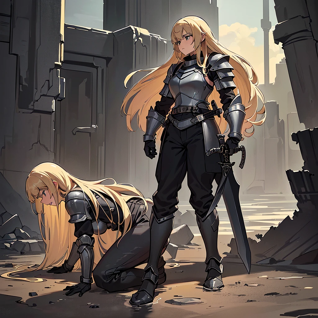 (((Solo)))、Best illustrations、Best Quality、(Full body character concept、detailed)、(((Simple grey armor、Black trousers、Black gloves、woman、18-year-old、Blonde、Long Hair)))、(((Grab the sword、Get Ready)))、(From below)、(Old ruins、desert)、Fall to the floor、(Black, muddy swamp)、(From the side、profile)