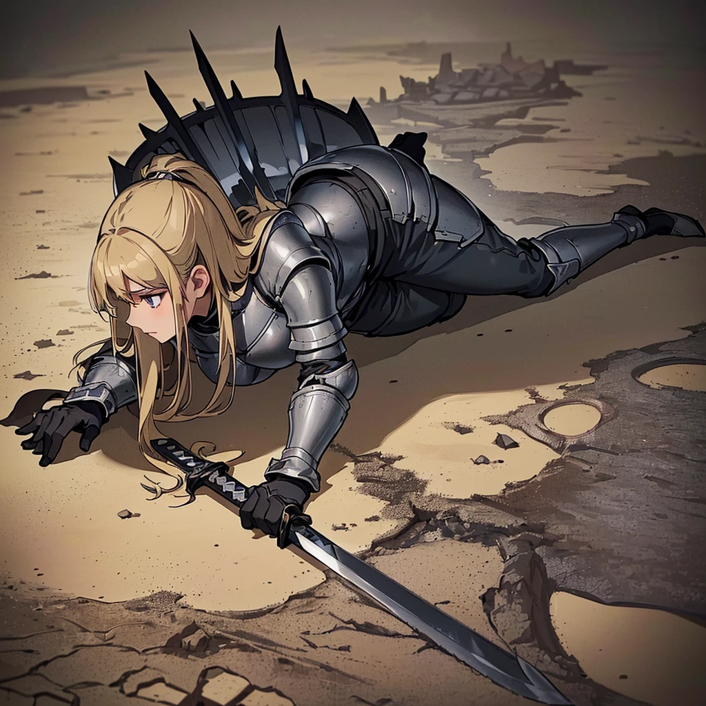 (((Solo)))、Best illustrations、Best Quality、(Full body character concept、detailed)、(((Simple grey armor、Black trousers、Black gloves、woman、18-year-old、Blonde、Long Hair)))、(((Grab the sword、Get Ready)))、(From below)、(Old ruins、desert)、Fall to the floor、(Black, muddy swamp)、(From the side、profile)