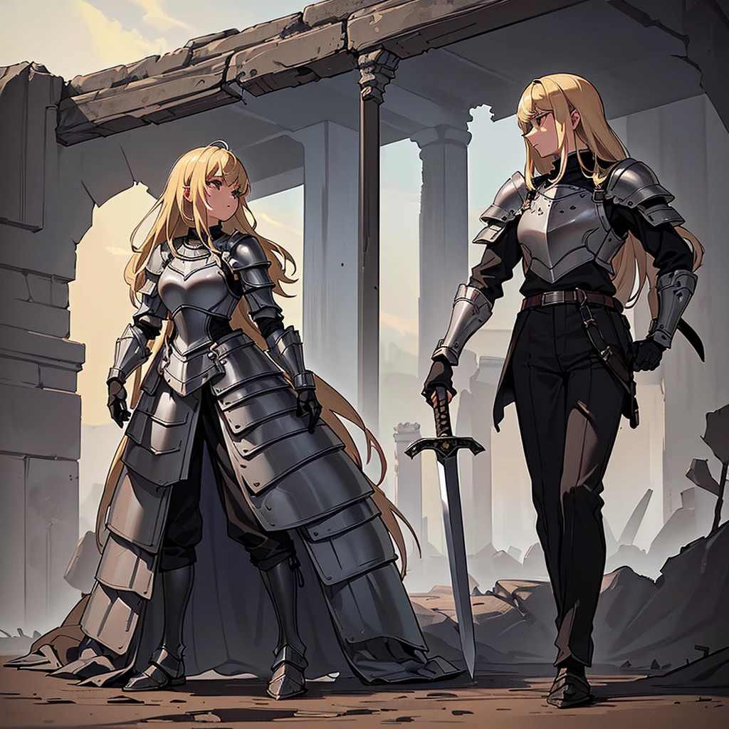 (((Solo)))、Best illustrations、Best Quality、(Full body character concept、detailed)、(((Simple grey armor、Black trousers、Black gloves、woman、18-year-old、Blonde、Long Hair)))、(((Grab the sword、Get Ready)))、(From below)、(Old ruins、desert)、Fall to the floor、(Black, muddy swamp)、(From the side、profile)