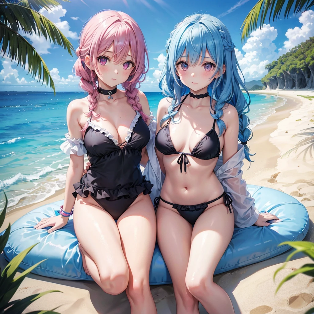 (Sky blue medium hair),(Braided hair tied together)、Pink eyes、Fair skin、(whole body)、(One Girl)、Black frilly swimsuit、Stylish sunglasses、Shining white sand beach in midsummer、Okinawa's ocean、A happy smile、、(masterpiece、Highest quality、Very detailed、Best Shadow)、(Detailed Background)、(Beautifully detailed face)、High contrast、(Best lighting、Very delicate and beautiful)、((Cinematic Light))、colorful、Hyper Detail、Dramatic Light、Exquisite detail、Standing with your legs apart