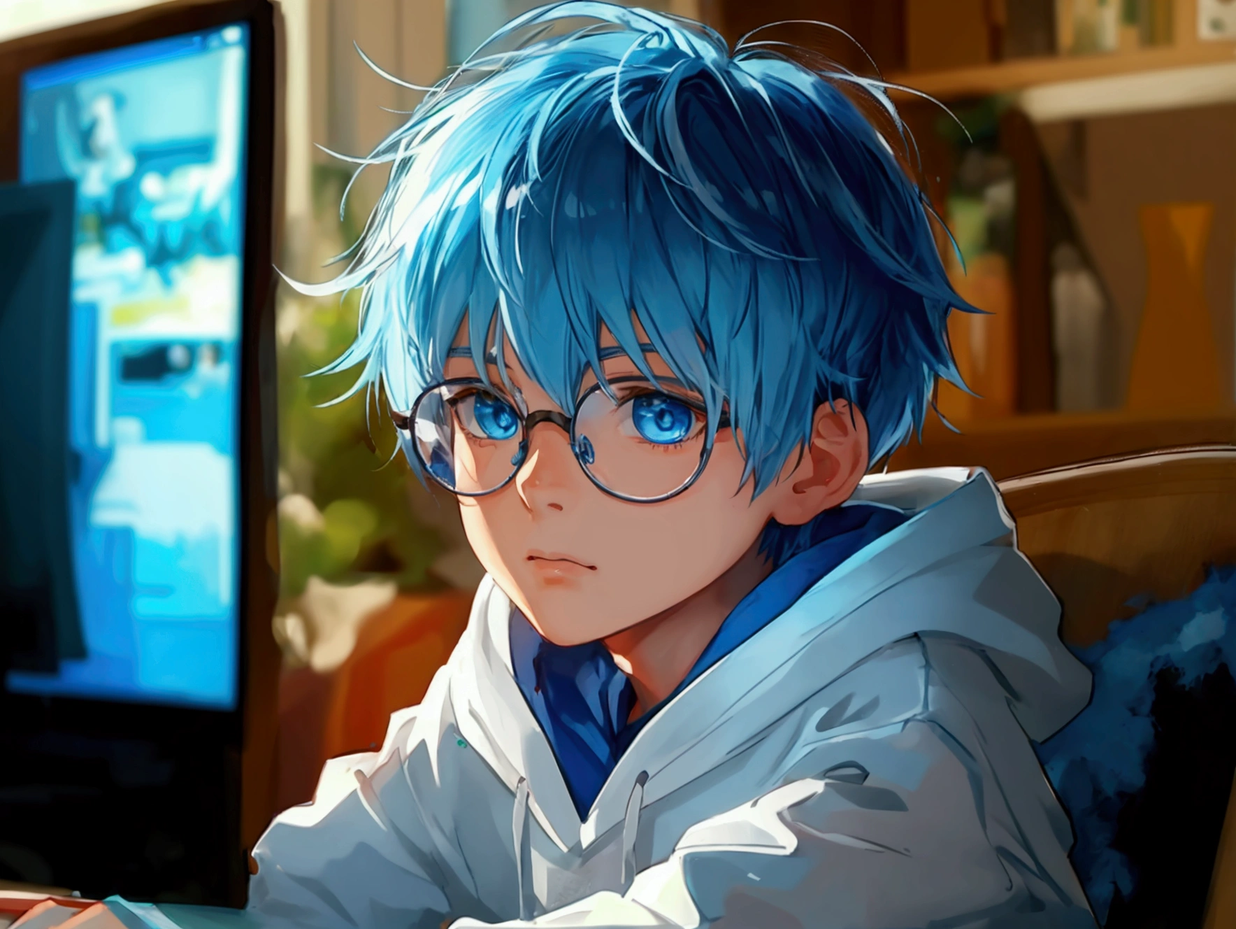 1 boy, short blue hair, blue eyes, wearing white glasses, wearing a hoodie, sitting in front of a computer, opening a cellphone, high quality, 8k