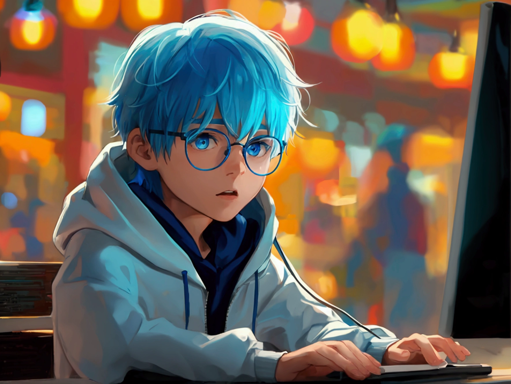 1 boy, short blue hair, blue eyes, wearing white glasses, wearing a hoodie, sitting in front of a computer, opening a cellphone, high quality, 8k