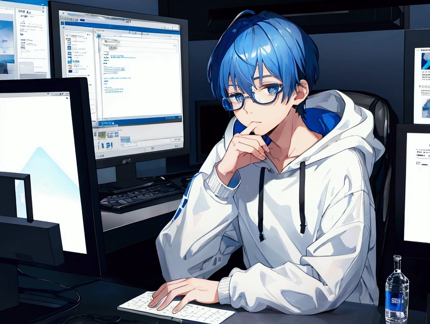 1 boy, short blue hair, blue eyes, wearing white glasses, wearing a hoodie, sitting in front of a computer, opening a cellphone, high quality, 8k
