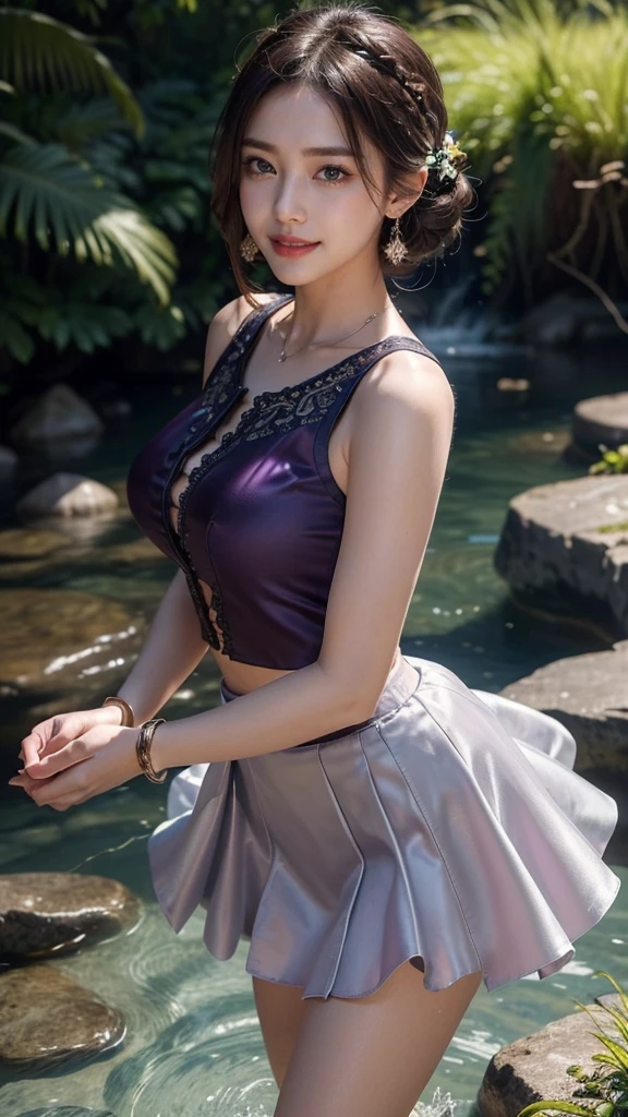 8k, masterpiece, RAW photo, best quality, photorealistic, extremely detailed CG unity 8k wallpaper, Depth of field, Cinematic Light, Lens Flare, Ray tracing, (extremely beautiful face, beautiful lips, beautiful eyes), intricate detail face, ((ultra detailed skin)) , in the dark, deep shadow, pretty Asian girl, idol, 1 girl, (very slim slender fit-muscled body:1.3), ((looking at viewer)),((big smile:1.3)), (tight Matty silky satin Violet colour laced blouse), ((Matty silky satin Violet color blouse)), 1 Beautiful girl, (Detailed face,beautiful eyes, beautiful earrings, bracelets, necklace, pantyhose, clear eyes, (pale skin), (big eyes), face forward, ((upper body shot)), (detailed pupils,detailed clothes features, Clear background:1.3), (armlets, bangle:1.3), Mysterious ancient ruins, floresta exuberant, Deep canyon,((bridge)), River,cliff,Cloud,lakes,Rock music,Waterfalls, ((walking in Water)), ((Flower plants besides of river)), Grass,grape trees,tree,bright detail,Sharp,Perfect compounding, Intricate, Sharp focus, Dramatic,(very slim), Breast, super round big breasts under the dress, ((flooming laced)), updo hair, mini skirt, short hair, short skirt, 4 Different types poses, Cinematic photography, Sexy angles, medium butt,