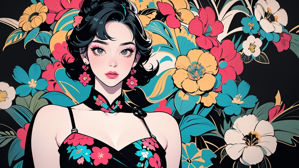 Create a pop art style digital artwork, Bold makeup and colorful fashion、Featuring vibrant and confident women, Cinematic color scheme, Surrounded by vintage floral patterns, Powerful brushwork,The atmosphere should be dynamic., Upper Body, drawing, figure, grayscale, tropical, Adubon fruit, Adubon Plants, Lots of flowers, vector, oil, Asian Girl, black eye