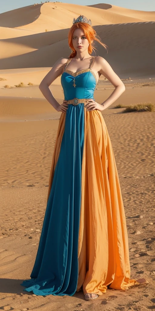 masterpiece, best quality, solo, 1girl, orange hair, blue hair, :D, orange dress, looking at viewer, outdoors, sand, sand dunes, huge castle, crown, standing, full body, cowboy shot, hands on hips,
