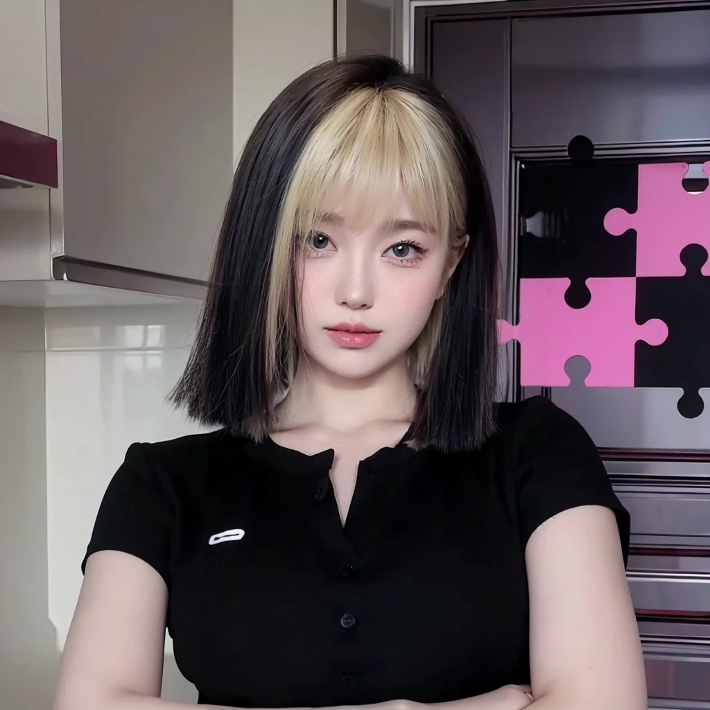 Blonde bangs short hair，Natural and beautiful hair，The background is simple and clean，