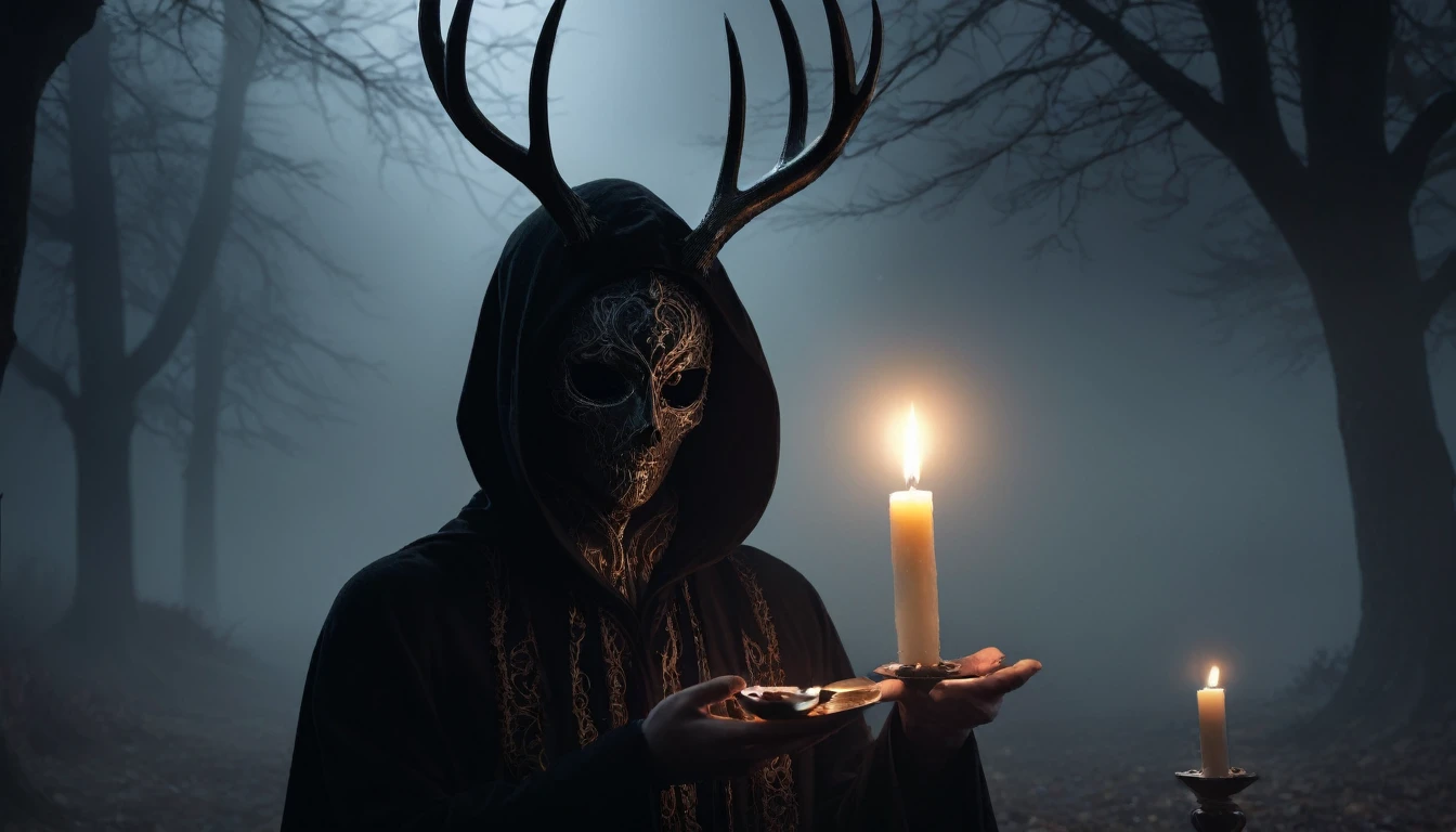 (best quality,4k,8k,highres,masterpiece:1.2),ultra-detailed,(realistic,photorealistic,photo-realistic:1.37),horror,dark,occult,gloomy,color scheme,night time,shadowy,gloomy,ominous atmosphere,A person wearing a deer skull on their head,black robe,candle,burning, flickering light,satanic alter,creepy,dark magic,vivid colors,surrealistic,moonlight,shadows dancing,haunting,spooky aesthetic,ethereal,mysterious figure,ancient ritual,demonic presence,foreboding,menacing,macabre,occult symbols,cryptic writings,mystical,misty atmosphere,pale moonlight,gothic elements,ominous shadows,ghostly,ominous candles,whispering shadows,foreboding darkness,spellbinding,unearthly,unsettling energy,thick darkness,enchanted scenery,total darkness,forbidden rituals,lit by the candlelight,supernatural energies,esoteric knowledge,nightmare-like,hauntingly beautiful,cloaked figure,hooded,mesmerizing,hidden secrets,esoteric meanings,confounding,encrypting,key to the unknown,nightmarish,dark aura,unveiling the shadowy truth,strange and otherworldly,dark glamour,peculiar and eerie ambiance,sinister figure,silent,grim,ancient mysticism,otherworldly presence,ominous atmosphere,casting eerie shadows,dark enchantments,diabolical,cloaked in darkness.