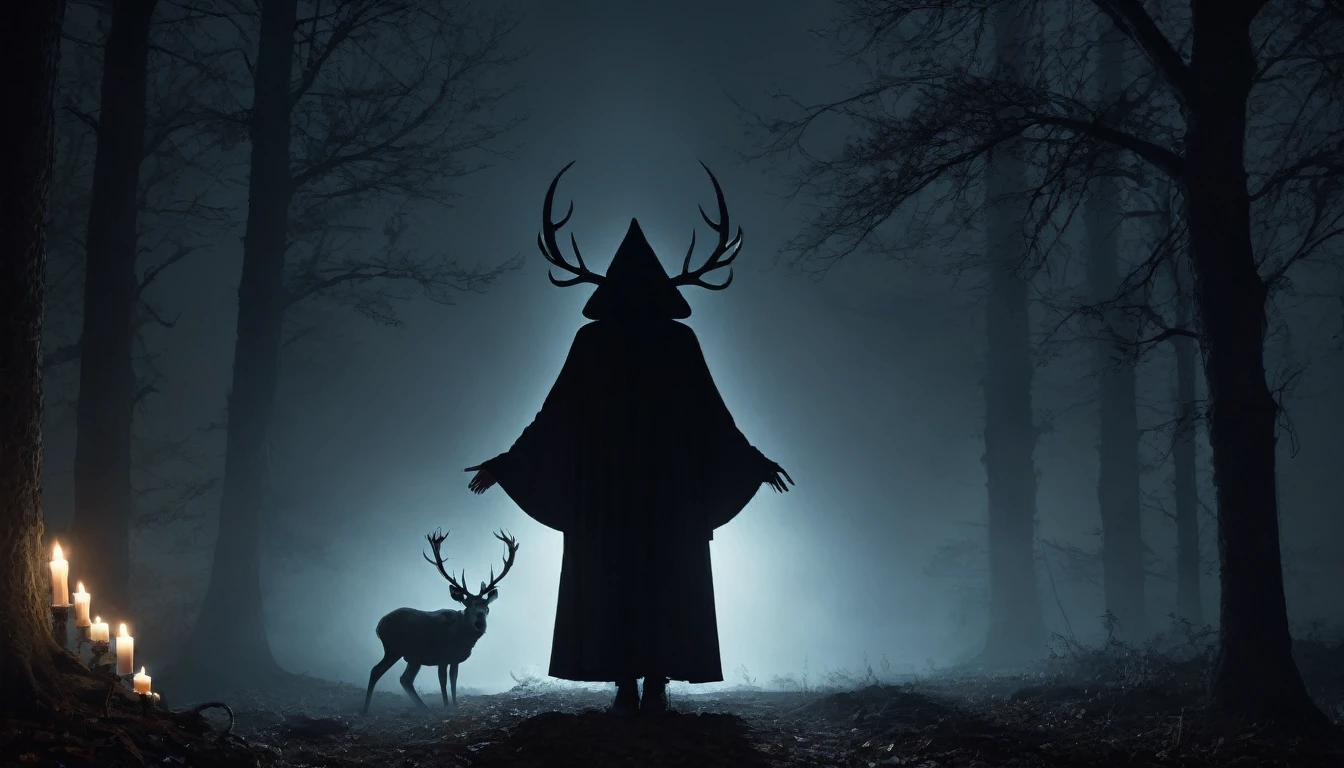 (best quality,4k,8k,highres,masterpiece:1.2),ultra-detailed,(realistic,photorealistic,photo-realistic:1.37),horror,dark,occult,gloomy,color scheme,night time,shadowy,gloomy,ominous atmosphere,A person wearing a deer skull on their head,black robe,candle,burning, flickering light,satanic alter,creepy,dark magic,vivid colors,surrealistic,moonlight,shadows dancing,haunting,spooky aesthetic,ethereal,mysterious figure,ancient ritual,demonic presence,foreboding,menacing,macabre,occult symbols,cryptic writings,mystical,misty atmosphere,pale moonlight,gothic elements,ominous shadows,ghostly,ominous candles,whispering shadows,foreboding darkness,spellbinding,unearthly,unsettling energy,thick darkness,enchanted scenery,total darkness,forbidden rituals,lit by the candlelight,supernatural energies,esoteric knowledge,nightmare-like,hauntingly beautiful,cloaked figure,hooded,mesmerizing,hidden secrets,esoteric meanings,confounding,encrypting,key to the unknown,nightmarish,dark aura,unveiling the shadowy truth,strange and otherworldly,dark glamour,peculiar and eerie ambiance,sinister figure,silent,grim,ancient mysticism,otherworldly presence,ominous atmosphere,casting eerie shadows,dark enchantments,diabolical,cloaked in darkness.