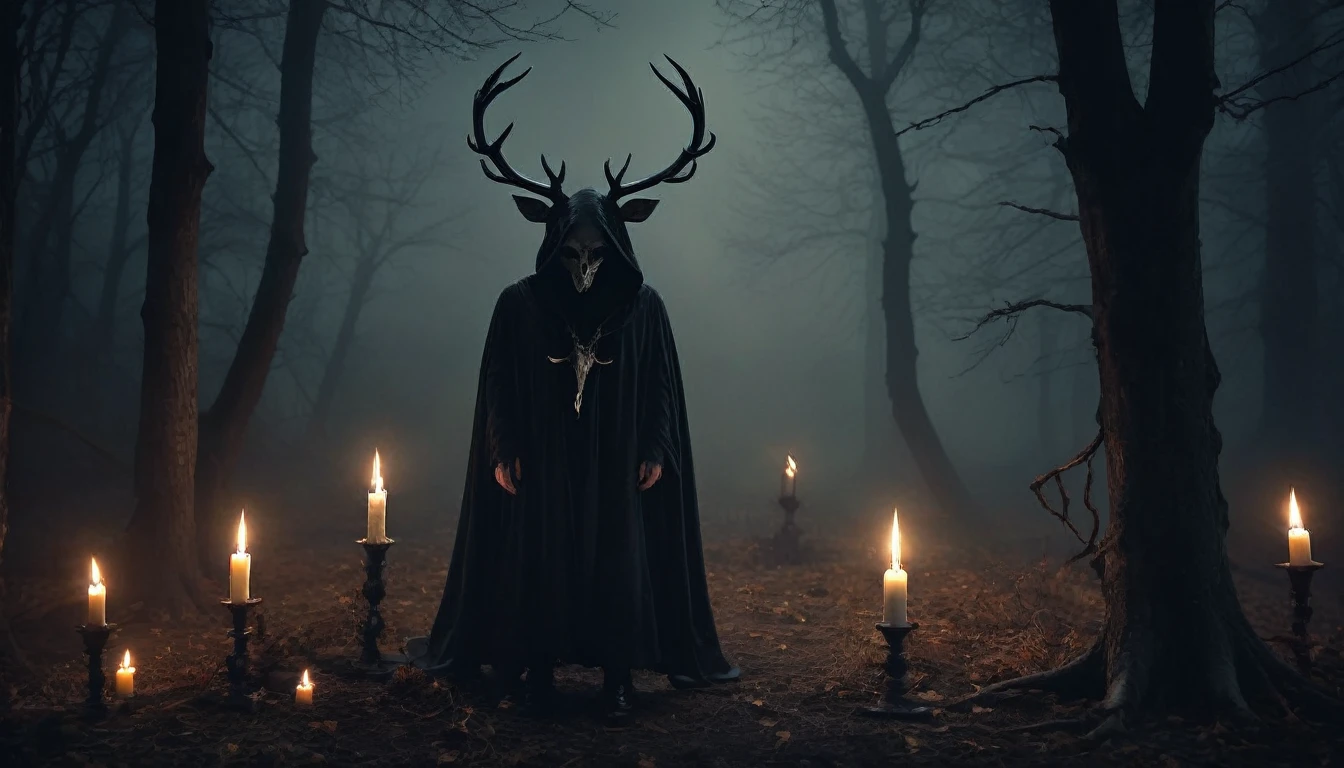 (best quality,4k,8k,highres,masterpiece:1.2),ultra-detailed,(realistic,photorealistic,photo-realistic:1.37),horror,dark,occult,gloomy,color scheme,night time,shadowy,gloomy,ominous atmosphere,A person wearing a deer skull on their head,black robe,candle,burning, flickering light,satanic alter,creepy,dark magic,vivid colors,surrealistic,moonlight,shadows dancing,haunting,spooky aesthetic,ethereal,mysterious figure,ancient ritual,demonic presence,foreboding,menacing,macabre,occult symbols,cryptic writings,mystical,misty atmosphere,pale moonlight,gothic elements,ominous shadows,ghostly,ominous candles,whispering shadows,foreboding darkness,spellbinding,unearthly,unsettling energy,thick darkness,enchanted scenery,total darkness,forbidden rituals,lit by the candlelight,supernatural energies,esoteric knowledge,nightmare-like,hauntingly beautiful,cloaked figure,hooded,mesmerizing,hidden secrets,esoteric meanings,confounding,encrypting,key to the unknown,nightmarish,dark aura,unveiling the shadowy truth,strange and otherworldly,dark glamour,peculiar and eerie ambiance,sinister figure,silent,grim,ancient mysticism,otherworldly presence,ominous atmosphere,casting eerie shadows,dark enchantments,diabolical,cloaked in darkness.