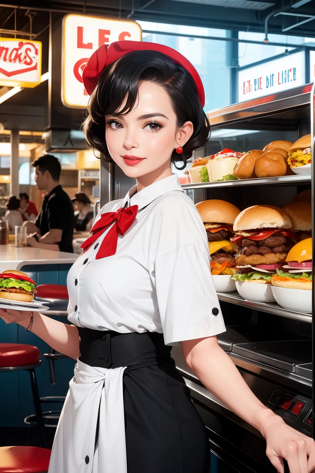 FIX background, woman in a red shirt and black  serving burgers, serving happy meals, operating on burgers, serving fries, commercial photo, candid shot, crisp detail, serving big macs, advertising photo, at the counter, fan favorite, wearing rr diner uniform, crisp details, looking partly to the left, by norman rockwell, working at mcdonalds