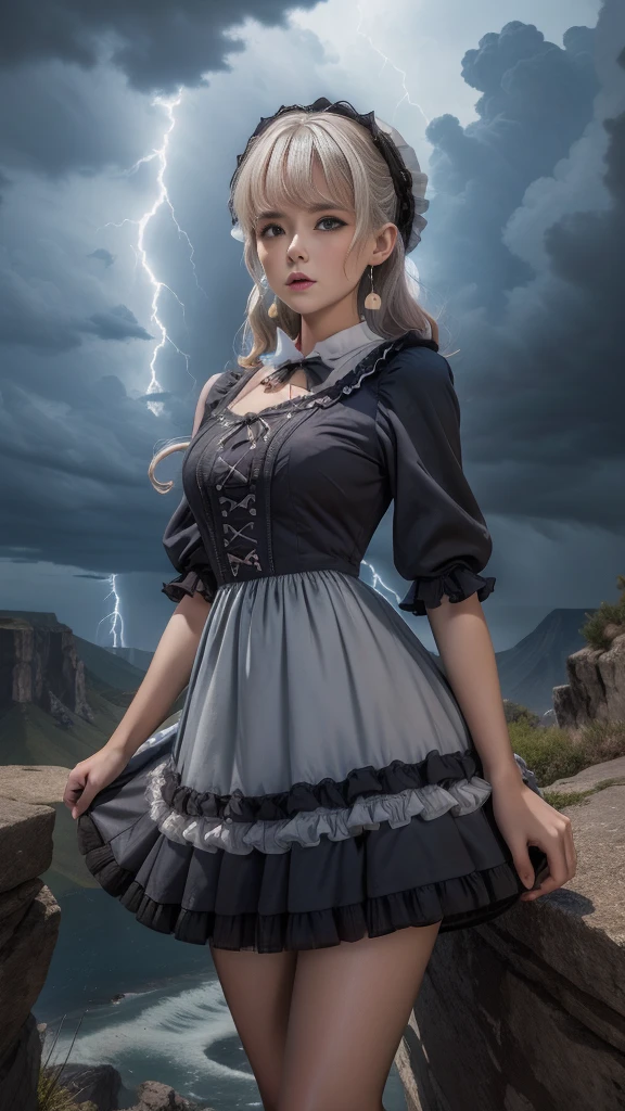 masutepiece, 8K,((Focus on the thighs)),High resolution whole body, surrealism, Cinematic lighting, god light,Layered processing (HD layers, People layer, Background image layer),f/4.0, kanon,(The face is super clear),hugefilesize,Shiny skin,Detailed skin,Detailed face, Detailed eyes, Goddess of the Storm,(ta dress miniskirt:1.5), At the top of a huge canyon, The wind was blowing violently, Hair similar to the color of wind and lightning, nakeness, Bare chest, No top, Show off , Storm vortex pendant, Lightning earrings, Dark clouds loom like a storm, A thunderous scene,Sky thunder and lightning scattered together,