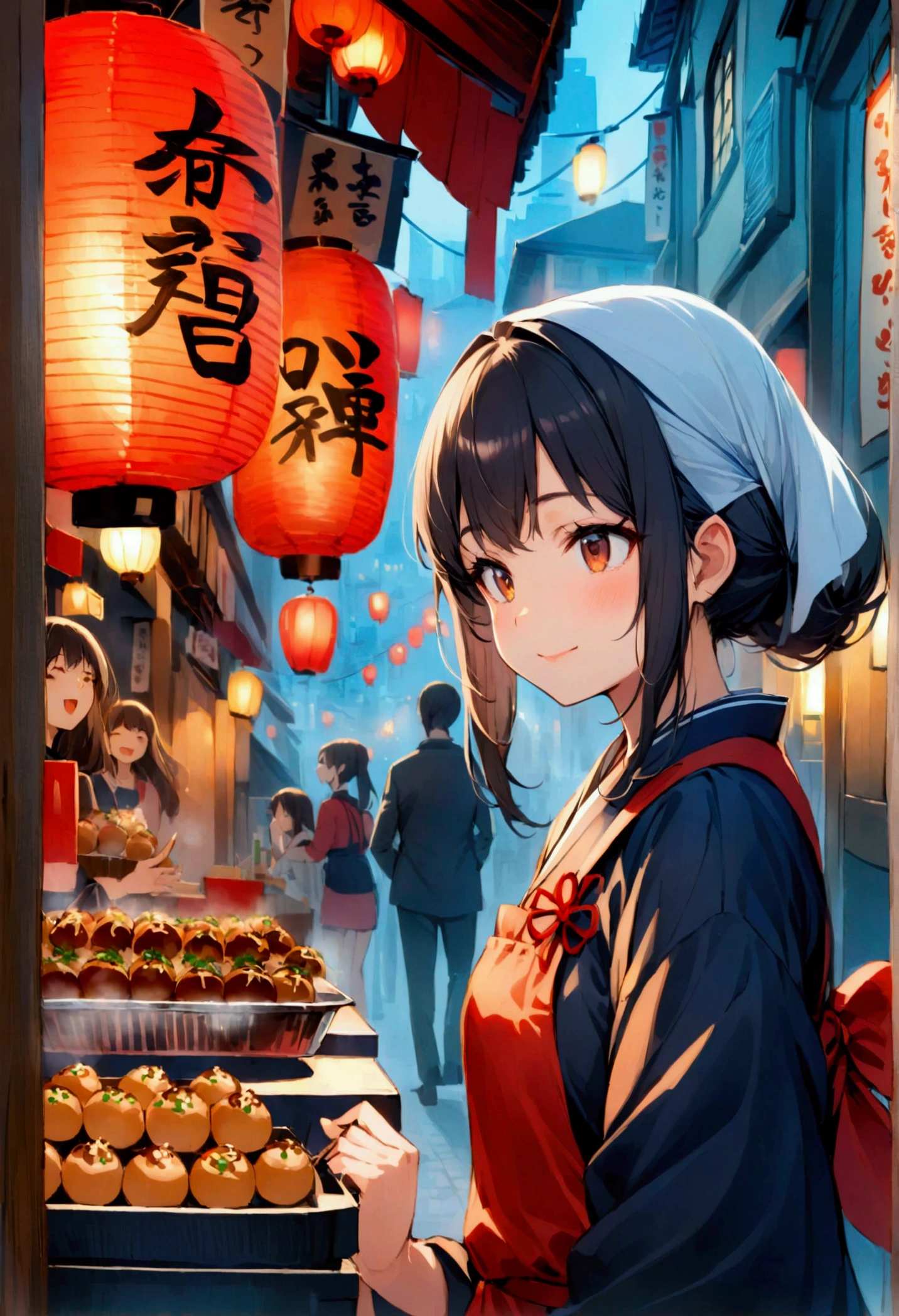 girl grilling takoyaki at takoyaki shop, kerchief, navy blue kimono and red apron, low angle, Izakaya street, red paper lantern, the Goodwill are waving in the wind, you can hear laughter, there are many city buildings surrounding,