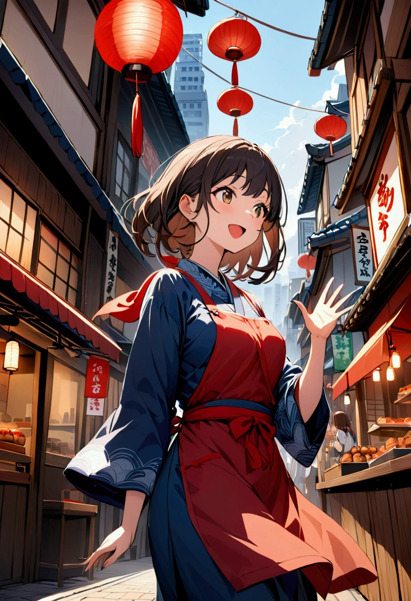girl grilling takoyaki at takoyaki shop, kerchief, navy blue kimono and red apron, low angle, Izakaya street, red paper lantern, the Goodwill are waving in the wind, you can hear laughter, there are many city buildings surrounding,