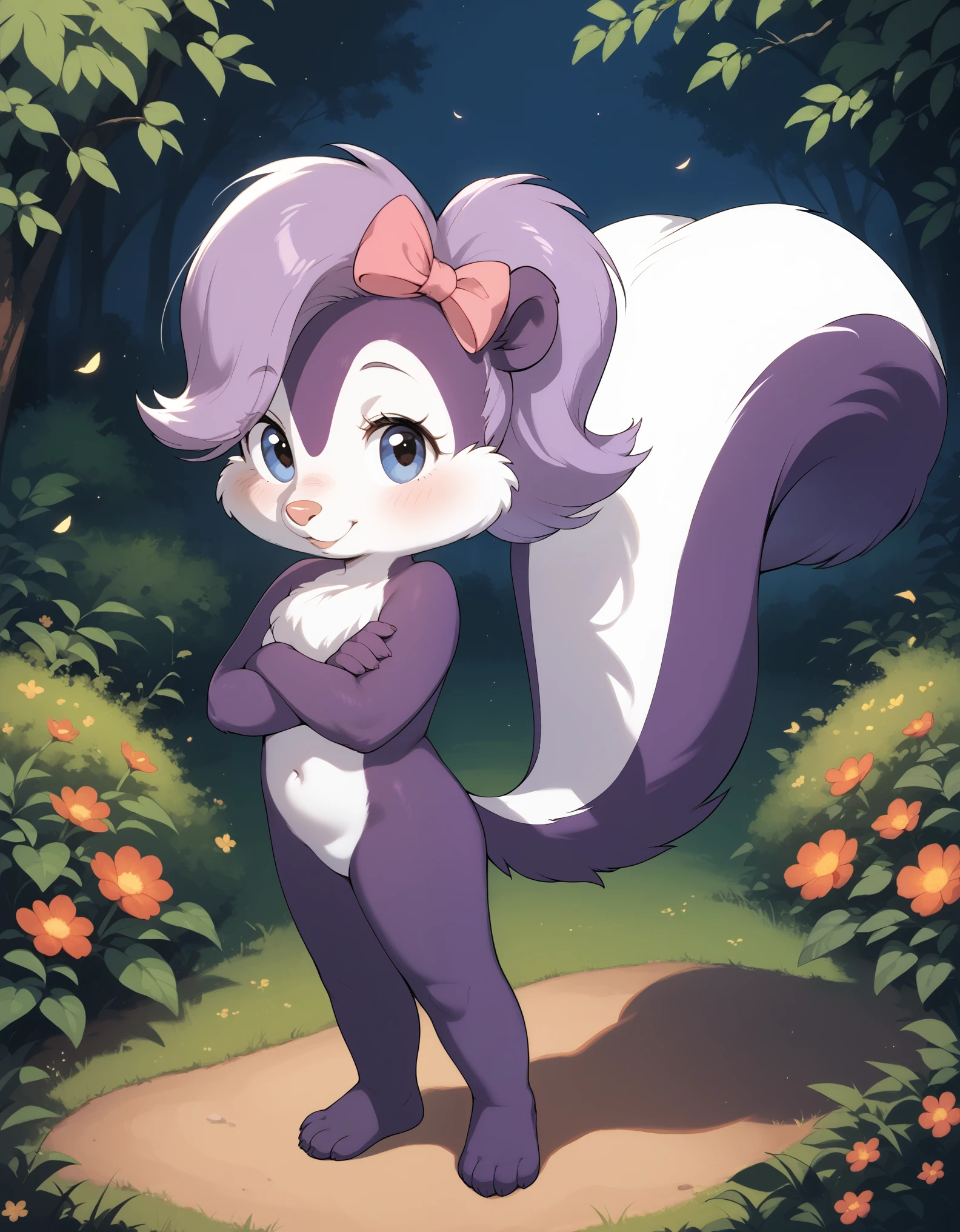 score_9, score_8_up, score_7_up, score_6_up, source_furry, score_safe, fifi, skunk, solo, 1girl, female, sfw, furry, purple body, hair bow, tail, cute, short, beautiful eyes, cartoony, flat color, simple shading, full-length portrait, studio ghibli background, blurred backgroun,