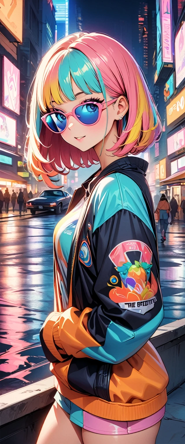 (highest quality:1.2, City Pop Style, Very detailed, up to date, Vibrant, High Contrast, masterpiece:1.2, highest quality, Best aesthetics), girl, Colorful hair, Bobcut, pastel colour, 1980s style, ((The metropolis of the future, Retro, Vintage)), Logo jumper, (sunglasses).