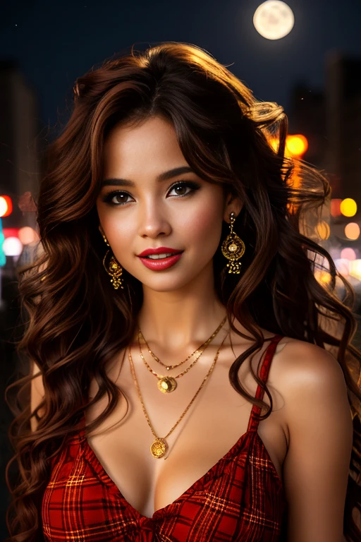 1girl in night town with shining moon,solo,long hair,breasts,looking at viewer with bright smiling,brown hair,dress,cleavage,brown eyes,saggy mid sized breasts,collarbone,upper body,red hair,earrings,parted lips,necklace,blurry,lips,plaid,makeup,wavy hair,nature,curly hair,realistic