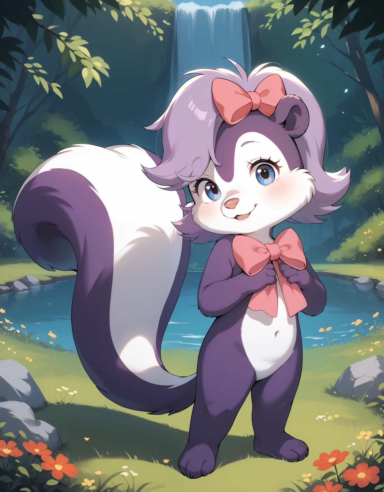 score_9, score_8_up, score_7_up, score_6_up, source_furry, score_safe, fifi, skunk, solo, 1girl, female, sfw, furry, purple body, hair bow, tail, cute, short, beautiful eyes, cartoony, flat color, simple shading, full-length portrait, studio ghibli background, blurred backgroun,