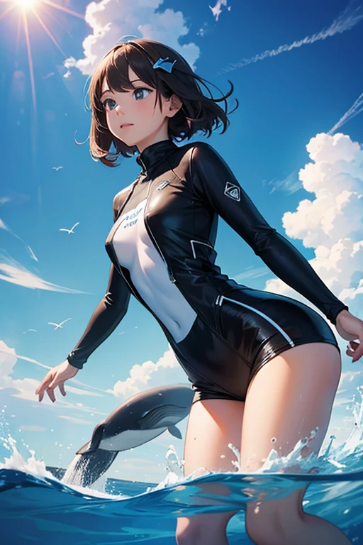 1 whale girl surrounded by a bright sky