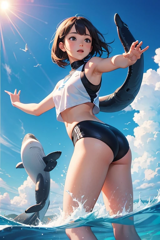 1 whale girl surrounded by a bright sky 