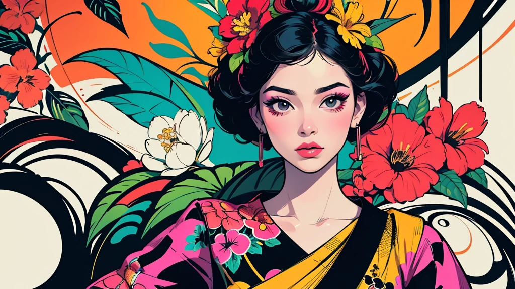 Create a pop art style digital artwork, Bold makeup and colorful fashion、Featuring vibrant and confident women, Cinematic color scheme, Surrounded by vintage floral patterns, Powerful brushwork,The atmosphere should be dynamic., Upper Body, drawing, figure, grayscale, tropical, Adubon fruit, Adubon Plants, Lots of flowers, vector, oil, Asian Girl, black eye