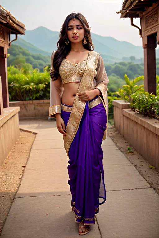 Indian girl showing sarre, oversized blouse, erotic, seducing, saree, blouse, sexy facial expressions , indian traditional outfits, valley, full body photography prime lens cinematic, professional