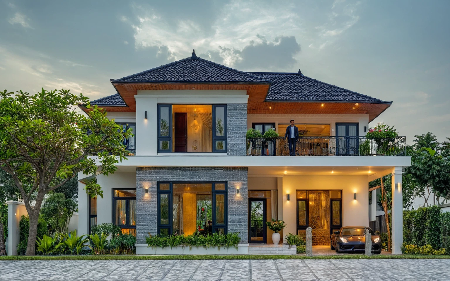 (masterpiece:1.2), best quality, photo of A two-story modern house in VietNam with dark tiles on the roof., dark granite tiled wall, neo classic detail, tree and plant environment,daylight, streetcapes, natural light, vivid color, The exterior of an elegant single family home features large windows, a dark gray door frame.