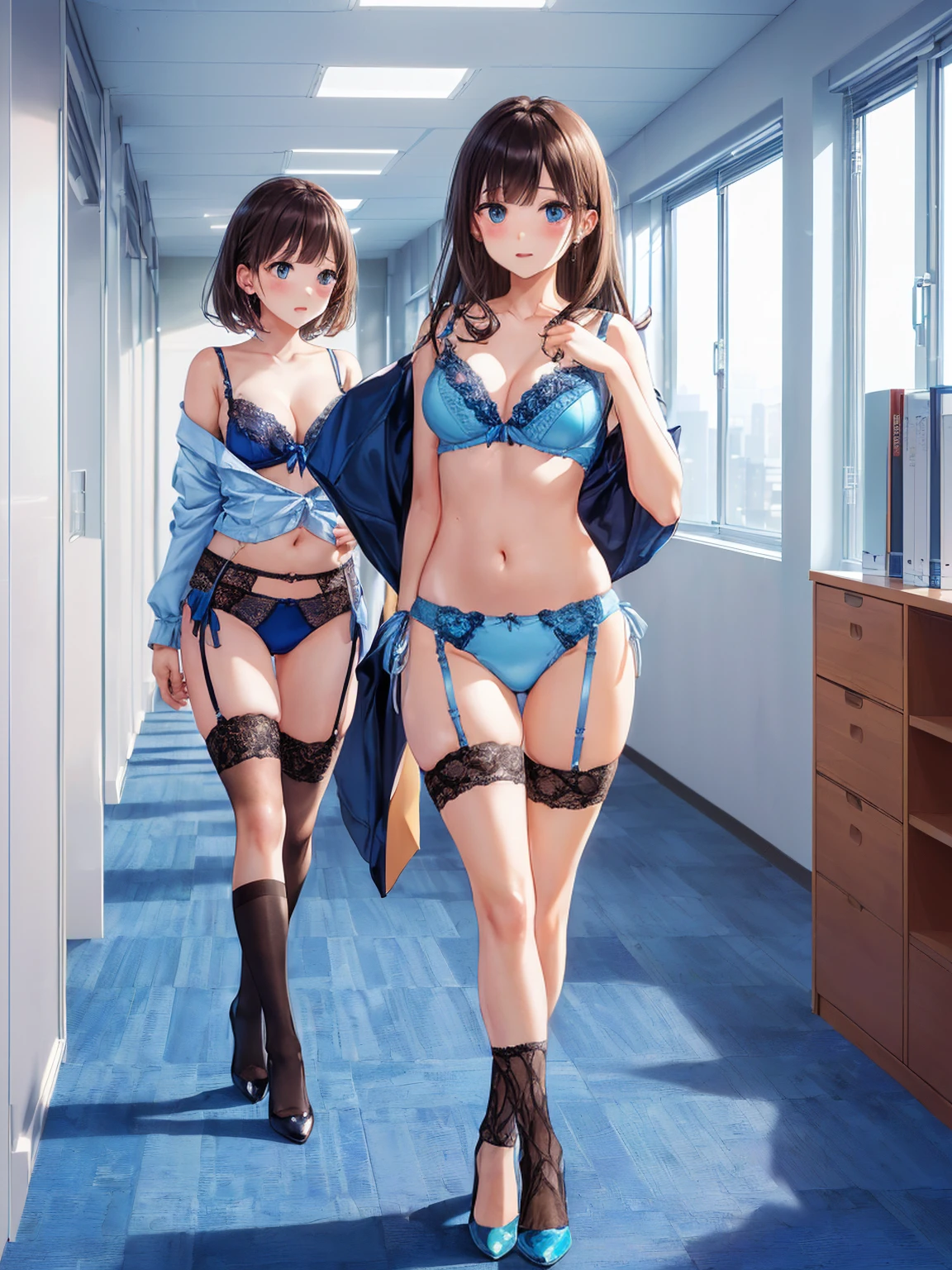 ((二人のIn underwearの女性がセクシーにOffice corridorを歩いている後ろ姿:1.8), Beautiful Anime Women, Beautiful art style, Anime characters, ((Smooth texture, Realistic texture, Anime CG Style)), ((Highest quality)), (Very detailed), (Very detailed CG 統合 8k 壁紙), Very detailed, High-resolution RAW color photos, Professional photography, Brown Hair, Stylish hairstyle, Slender body, (Stunningly beautiful woman), (Office corridor, Many business people walking down the corridor, There is a window in the hallway:1.3), ((Black high heels), (Sexy and cute blue underwear:1.3), (Stylish shiny blue satin panties, Side-tie panties, Panties with lace trim:1.3), (Thin panties:1.3), (Blue micro lace satin bra, Blue bra with lace trim, Thin bra:1.3), (lace garter belt, Garter Strings, Black knee socks:1.3):1.3), naked, In underwear, In underwearのオフィスレディ, Exact number of arms, Exact number of legs, Perfect Anatomy, (Embarrassed expression, Surprised expression), Angle from the rear, Exact finger count、Exact number of legs、(Exact number of arms:1.0, Exact number of hands:1.0), (Perfect hands, Perfect Anatomy)