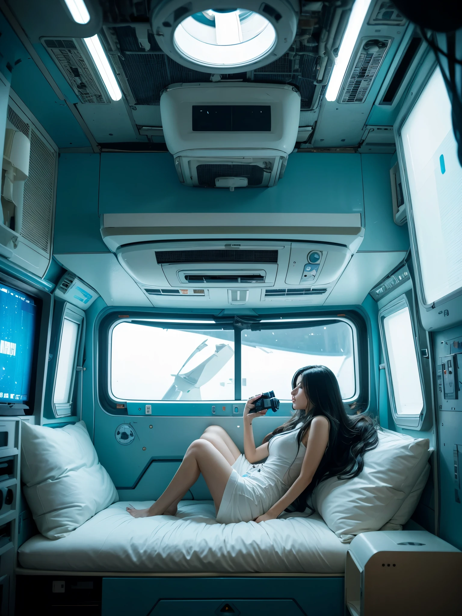 arafed woman On the space station with a camera, In a futuristic spaceship, On the space station, In spaceships, On the spacecraft, On the space station上, Fantastic cyberpunk girl, Mixed style beeple, In a crashed spaceship, In the city of the future, Girl in Space, Low-key cyberpunk style, Movie. Leng Jun, spacecraft living capsule, intricate interior render, turquoise and cream color pallete, detailed high-tech furniture, organic fresh plants around, on he wall we can see a ductless air conditioner with a clear "Mitsubishi electric" logo on it, one man and one woman just take off their astronaut outfit, sitting and drinking cocktail, chill atmosphere --style raw