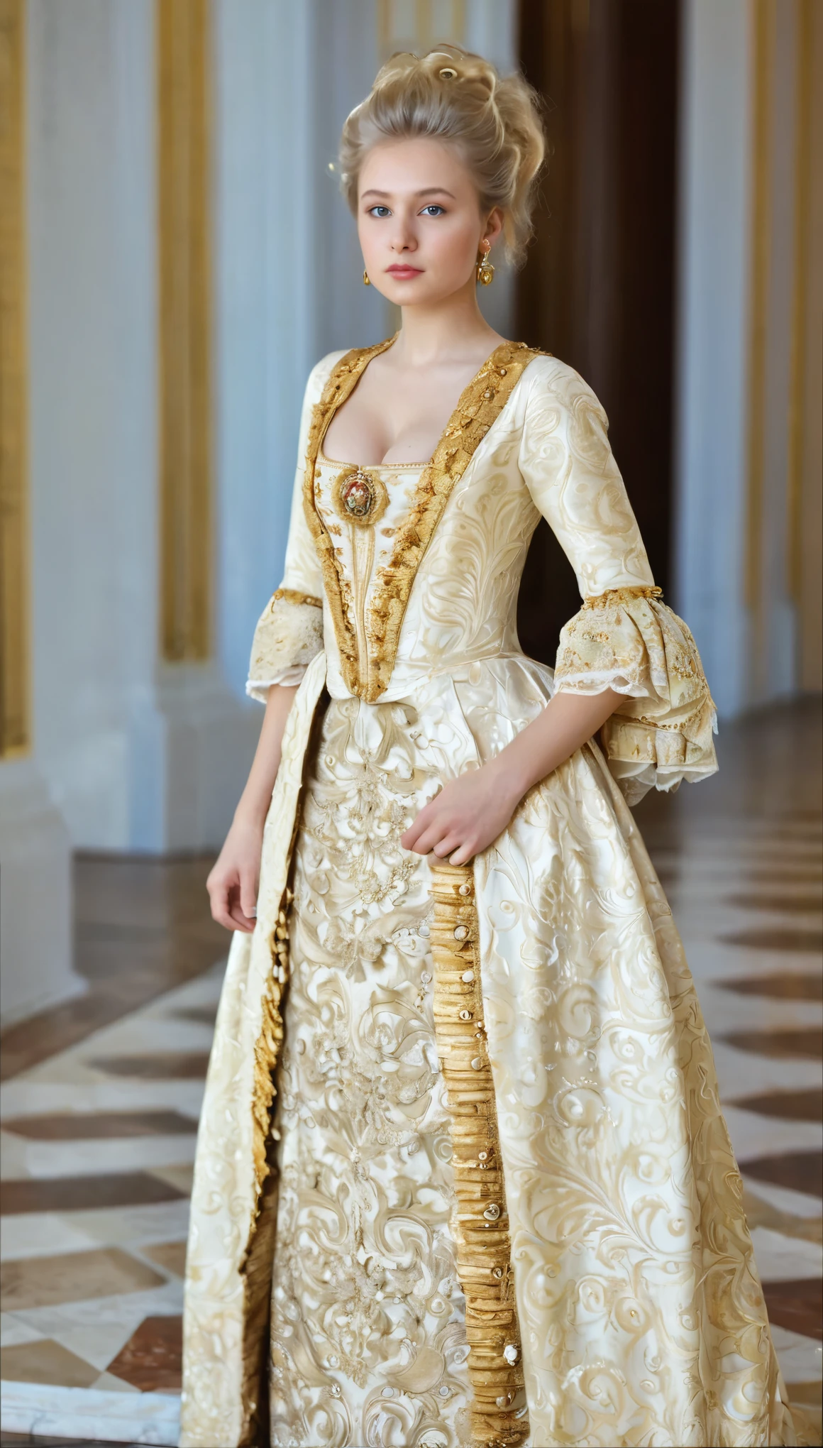 Front view , standing pose,  looking at camera, Russian girl, 18 age old, (Blond hair, middle hair ,  wince, Gray eyes, beautiful lip,  serious),  gold crescent earrings, gold neckless, (big breasts, slender whist, wide hip, real public hair) ,(Rococo 18the century dress) , on floor in Palace, in Moskva, textured skin , HI detailed skin, (foreshortening, Canon, UHD, anatomically correct,  super detail, high details, highness, 