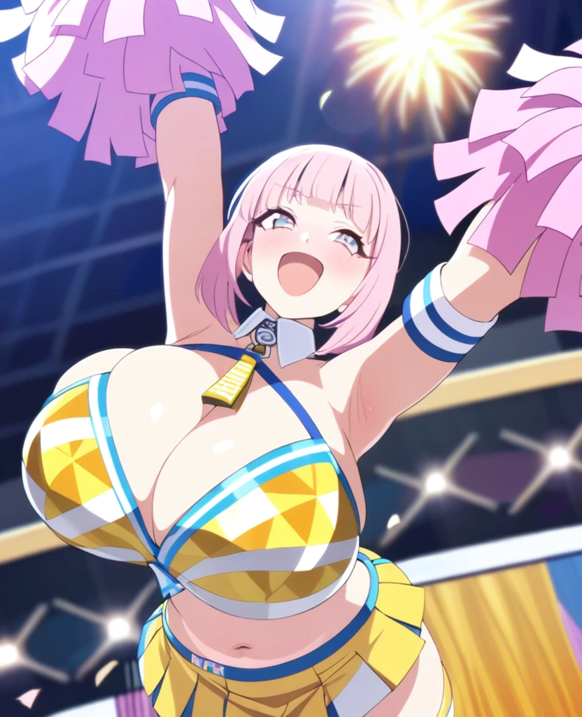 , light pink hair, long hair, hime cut, J cup breast, thicc thigh, erotic cheerleader outfit, cheering, smile, deep cleavage
