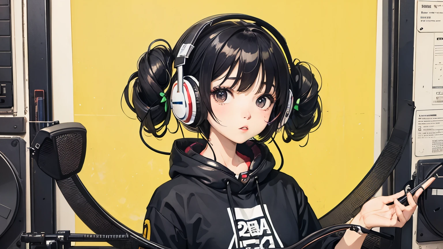 Wearing headphones、Bob Girl,record,whole body