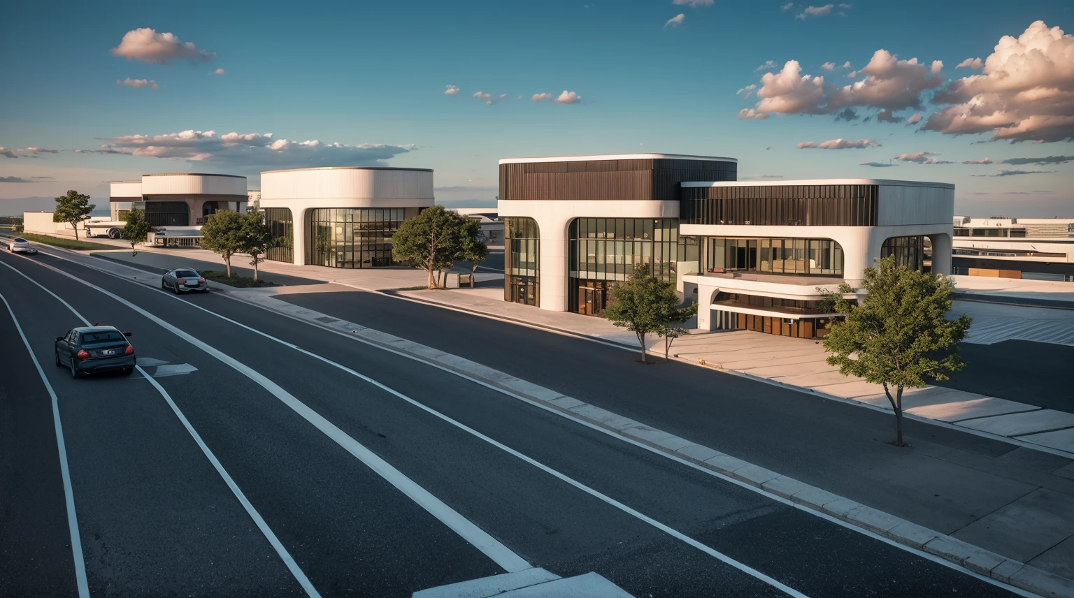 (((masterpiece))),((best quality)),outdoor,Commercial Area,Brilliant,lively,Warm atmosphere,Business Center,(Surrounded by greenery1:2),Asphalt road,Passing car,sidewalk,parking space,Award-winning design