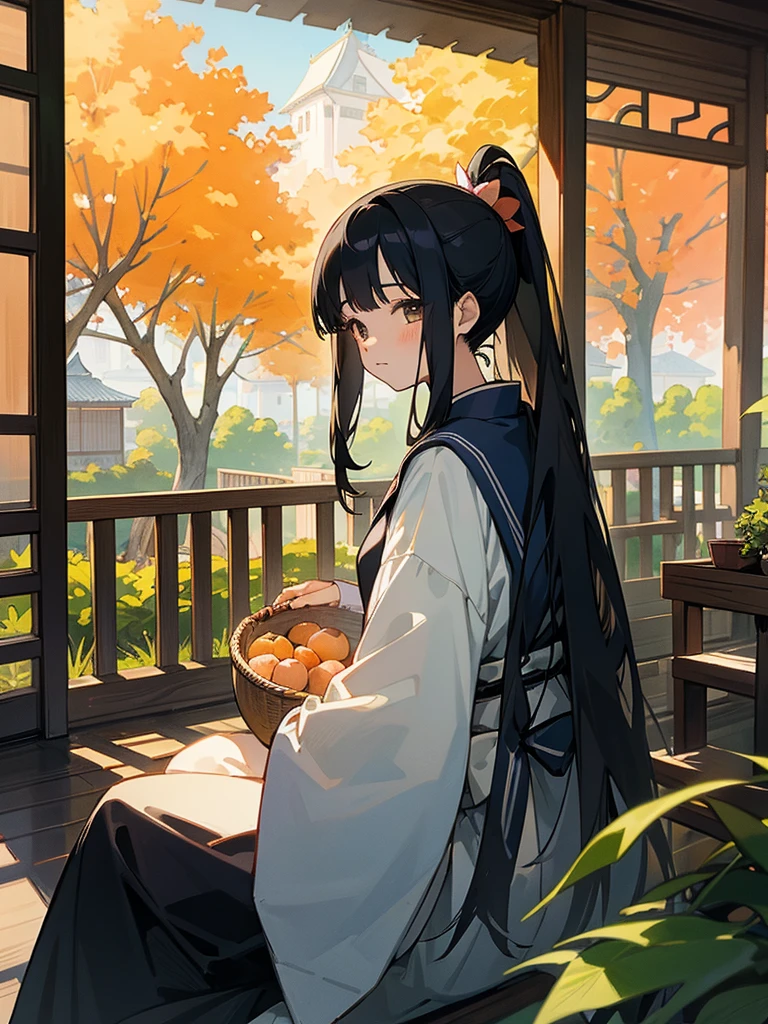 Anime illustration、masterpiece、14 year old girl、Long black hair ponytail、Japanese-style house、Sit on the veranda、The garden has a peach tree、Wearing an indigo-dyed kimono、There are a lot of peaches in the basket、It's summer、The sky is blue and white clouds、