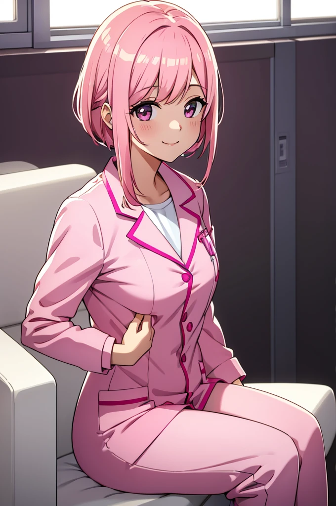 young, Cute girl, pink hair, pink nurse suit, in the hospital room, smiling