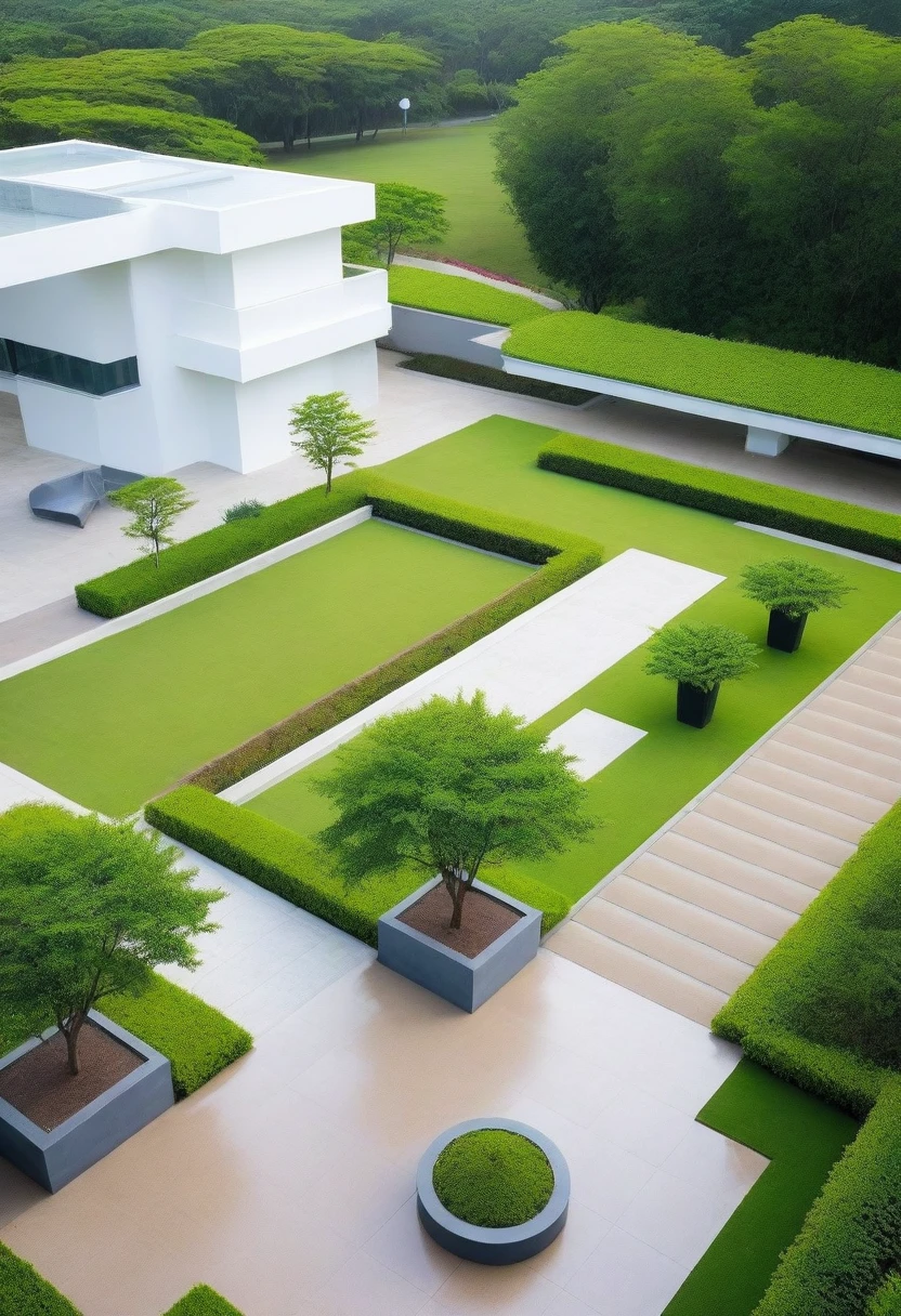 landscap  park modern near beach, center  water music, road, plant, grass