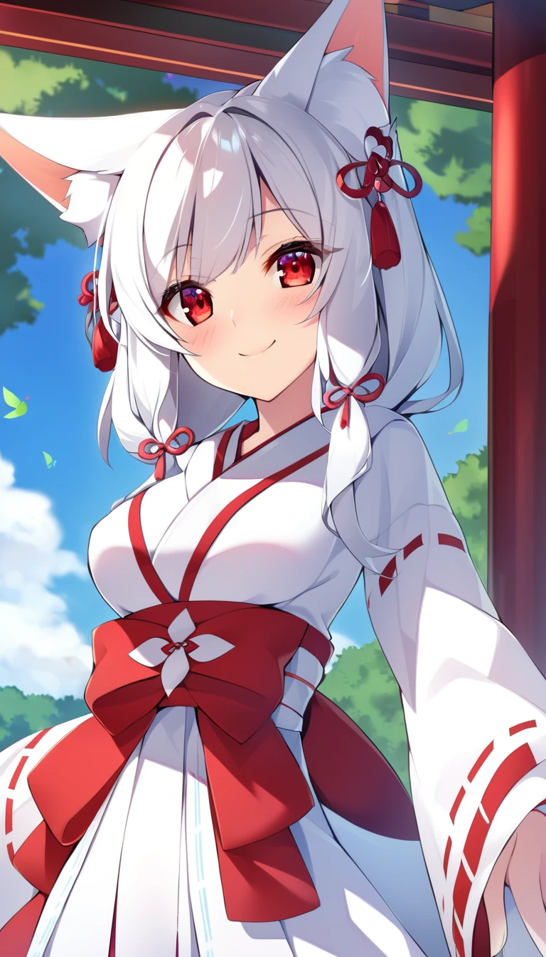 one girl, fox ears, shrine maiden, white hair, beautiful, gently, naive, smile cutely, red eyes, sacred, medium breasts