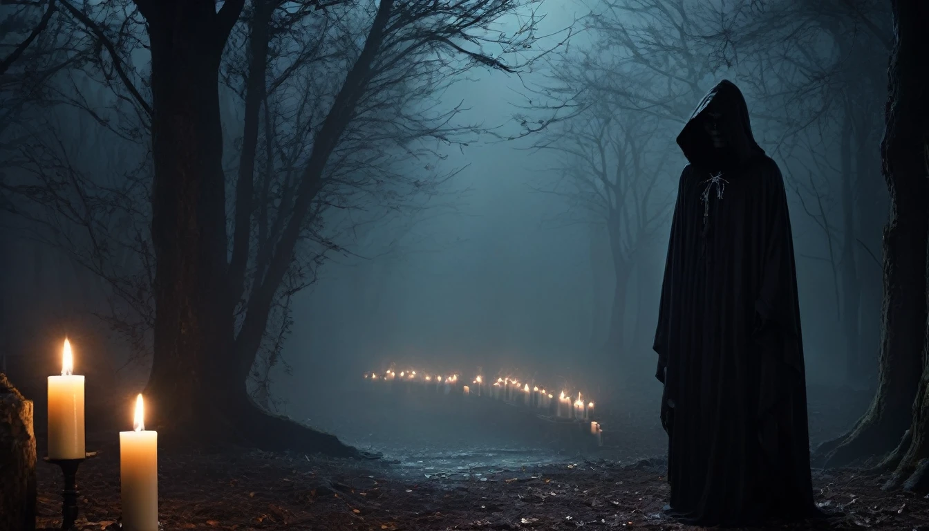 (best quality,4k,8k,highres,masterpiece:1.2),ultra-detailed,(realistic,photorealistic,photo-realistic:1.37),horror,dark,occult,gloomy,color scheme,night time,shadowy,gloomy,ominous atmosphere,A person wearing a deer skull on their head,black robe,candle,burning, flickering light,satanic alter,creepy,dark magic,vivid colors,surrealistic,moonlight,shadows dancing,haunting,spooky aesthetic,ethereal,mysterious figure,ancient ritual,demonic presence,foreboding,menacing,macabre,occult symbols,cryptic writings,mystical,misty atmosphere,pale moonlight,gothic elements,ominous shadows,ghostly,ominous candles,whispering shadows,foreboding darkness,spellbinding,unearthly,unsettling energy,thick darkness,enchanted scenery,total darkness,forbidden rituals,lit by the candlelight,supernatural energies,esoteric knowledge,nightmare-like,hauntingly beautiful,cloaked figure,hooded,mesmerizing,hidden secrets,esoteric meanings,confounding,encrypting,key to the unknown,nightmarish,dark aura,unveiling the shadowy truth,strange and otherworldly,dark glamour,peculiar and eerie ambiance,sinister figure,silent,grim,ancient mysticism,otherworldly presence,ominous atmosphere,casting eerie shadows,dark enchantments,diabolical,cloaked in darkness.