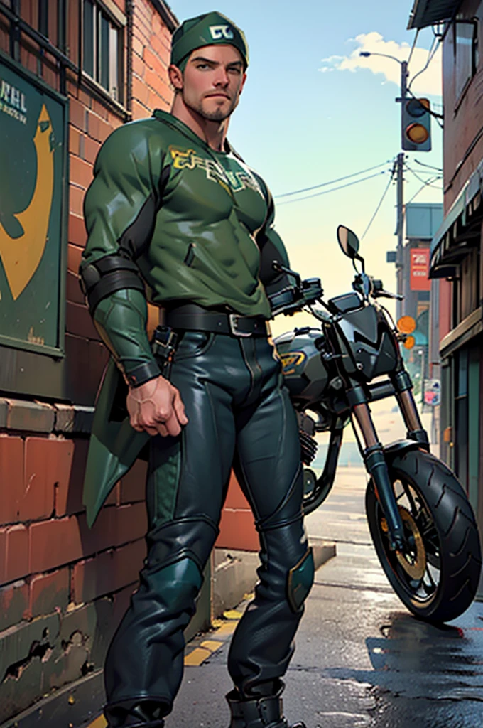 32k, high quality , detailed face , detailed hands , detailed muscles detailed motorcycle , (((stephen amell))) standing near his (((motorcycle))), posing in a street ,standing with spread legs, showing his muscles, shirtless wearing a very very low dark green pants with brown belt, background brick wall with men health posters