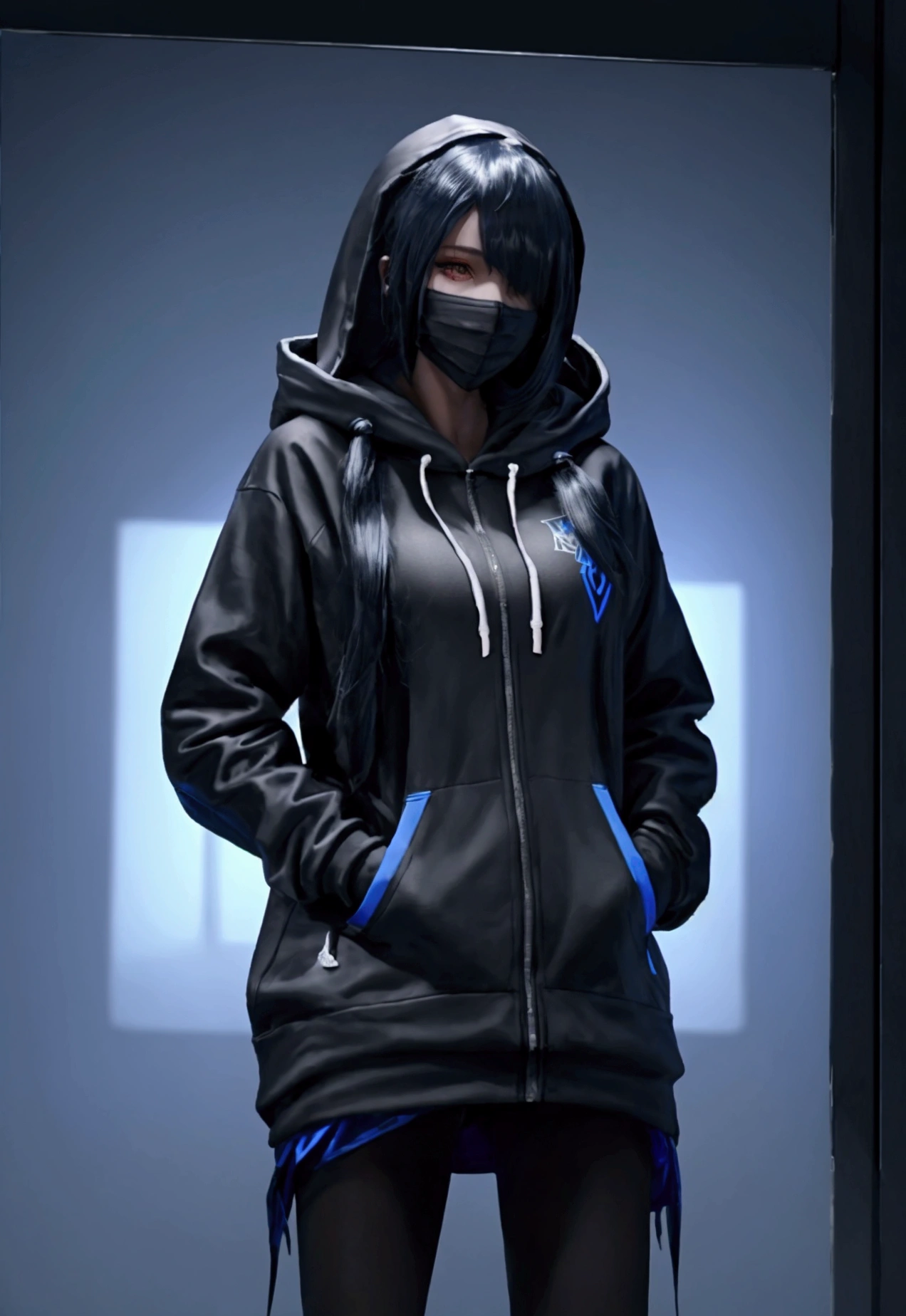 ultra-detailed,highly detailed,best quality,masterpiece,illustration, 
a woman wearing a face mask and a black hoodie standing in front of a, girl wearing hoodie, cyberpunk anime girl in hoodie, wearing netrunner clothing, blue hoodie, black hoodie techie, black haired girl wearing hoodie, cyberpunk streetwear, wearing hoodie, in a hoodie, wearing cyberpunk streetwear, cyberpunk wearing, woman in streetwear, wearing a hoodie, black hoodie, wearing a blue hoodie, hoodie, dressed black hoodie, decorative dark blue clothing, wearing cyberpunk 2 0 7 7 jacket, in a hood